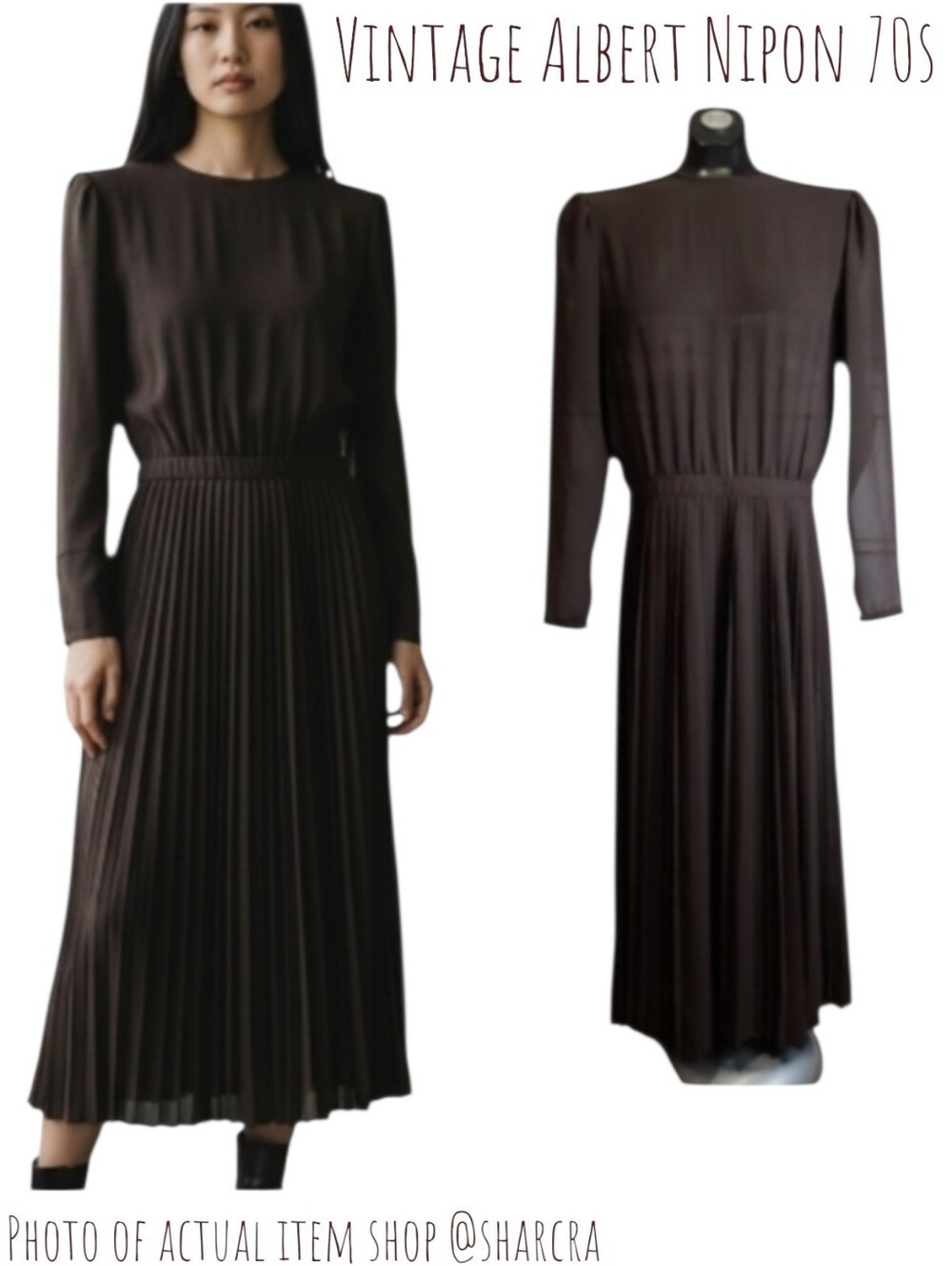 Vintage Albert Nipon 70s Women Semi Sheer Brown Pleated long-sleeve Midi dress 8